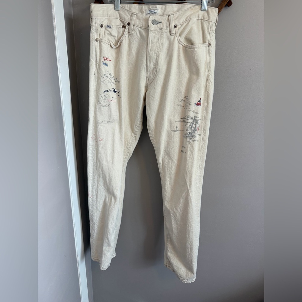 Rare Polo RL Varick Slim Straight Embroidered Cote d’Azur Cream Jeans 33x32